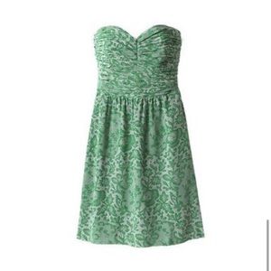 Rebecca Taylor Green Lace Print Silk Ruched Strapless Dress